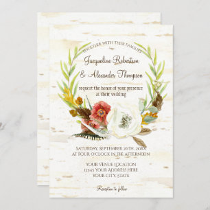 Fall Wedding Wreath Boho Feather Birch Bark Poppy Invitation