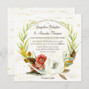 Fall Wedding Wreath Boho Feather Birch Bark Square Invitation