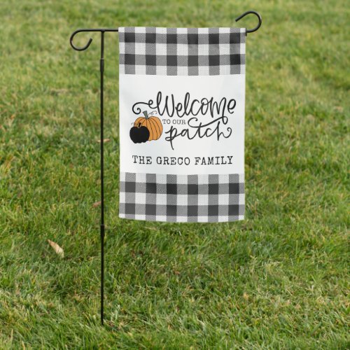 Fall Welcome to Our Patch Plaid Family Name  Garden Flag