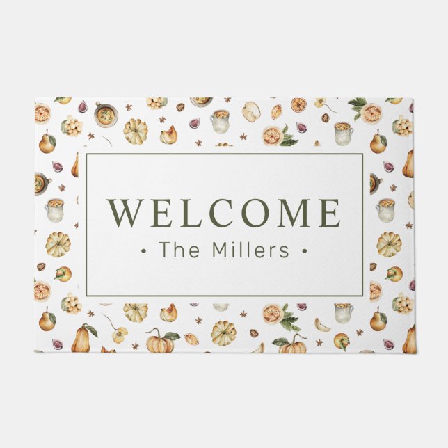Fall Welcome Watercolor Pumpkins Pattern Names Doormat (Front)