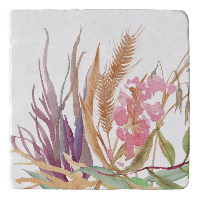 Fall Wheat and Rustic Floral Marble Stone Trivet (Front)