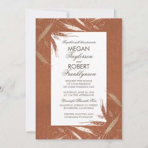 Fall Wheat Gold and Orange Rustic Wedding Invitation - Rustic and orange fall wedding invitation with "gold foil" effect wheat stems and white frame. --- All design elements created by Jinaiji