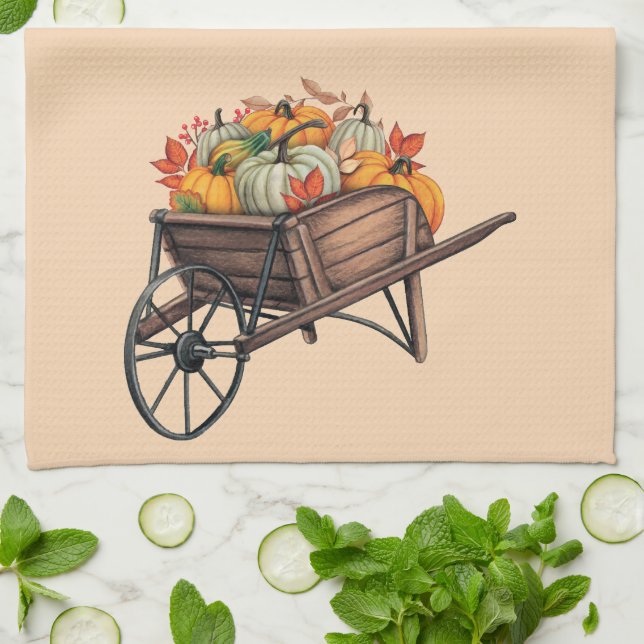 Fall Wheelbarrow with Pumpkins  Kitchen Towel (Folded)