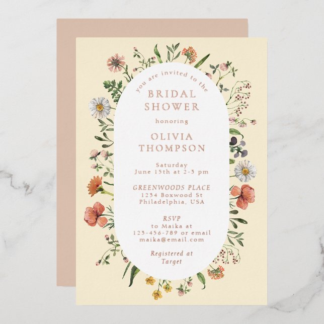 Fall Whimsical Wildflower Arch Bridal Shower Foil Invitation (Front/Back)