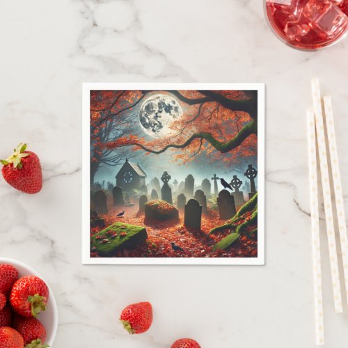 Fall Whimsigoth Misty Moonlight Cemetery Découpage Napkins
