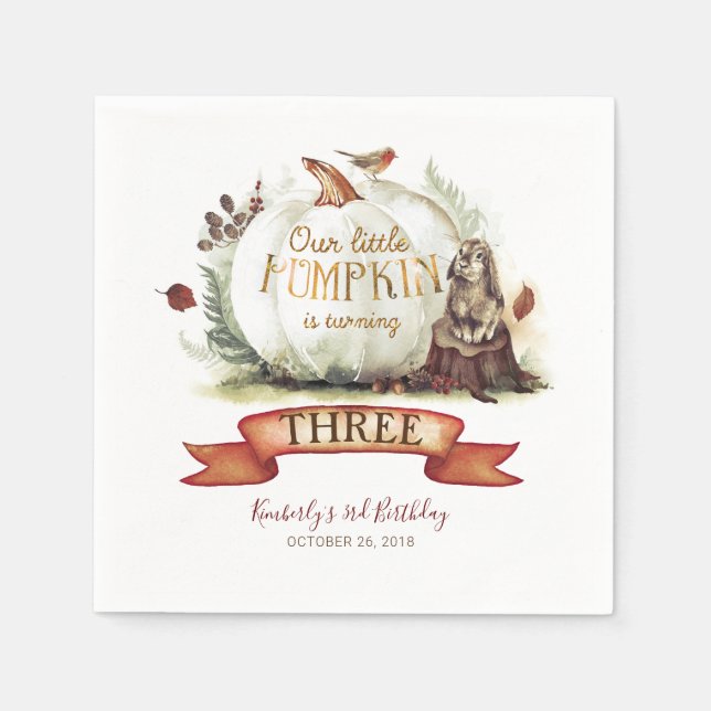 Fall White and Gold Pumpkin Birthday Napkins (Front)