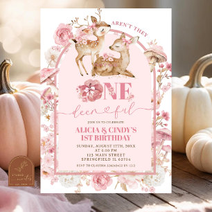 Fall White and Pink Onederful Twins Birthday Invitation