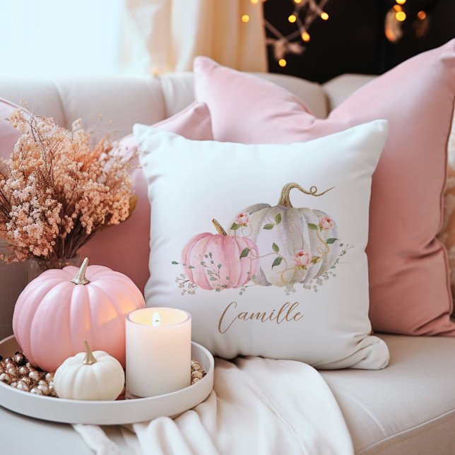 Fall White and Pink Pumpkin Decorative Throw Pillow (Pink and White Pumpkin kids decorative pillow)
