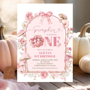 Fall White and Pink Pumpkin First Birthday Invitation