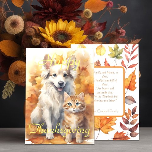 Fall White Collie Dog  Tabby Kitten Thanksgiving Card