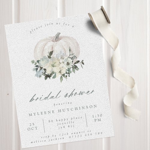 Fall White Floral Pumpkin  Sage Bridal Shower Invitation