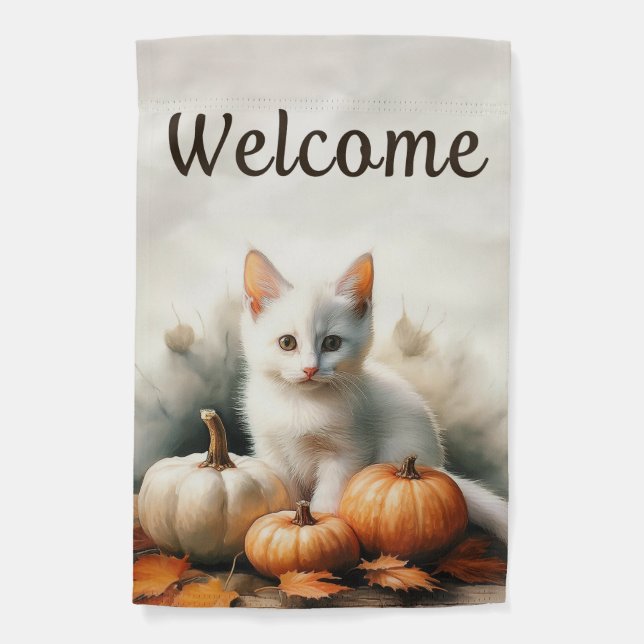 Fall White Kitten Garden Flag (Front)