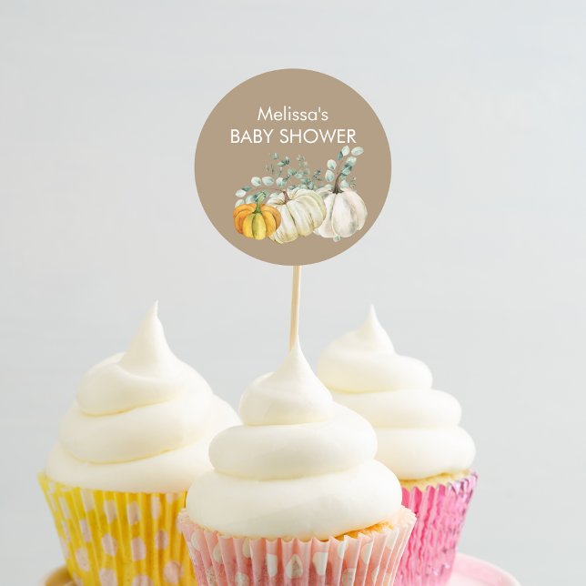 Fall white orange pumpkin greenery cupcake topper classic round sticker (Creator Uploaded)