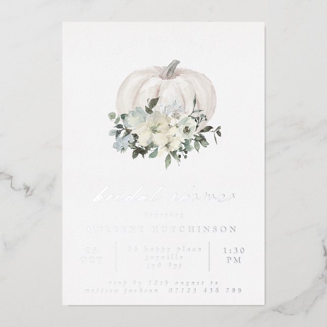 Fall White Pumpkin and Flowers Bridal Shower Foil Invitation (Front)