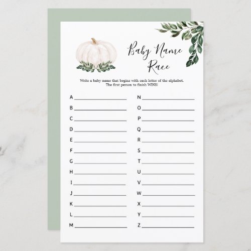 Fall White Pumpkin Baby Name Race Game Cards