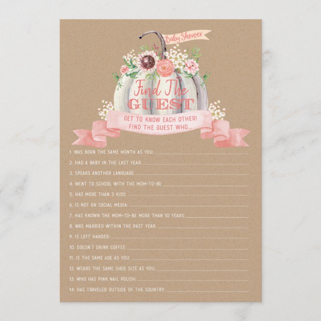 Fall White Pumpkin Baby Shower Find The Guest Game Menu (Front)