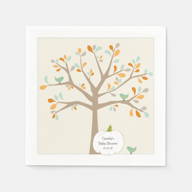 Fall White Pumpkin baby shower with name date Paper Napkins (Front)