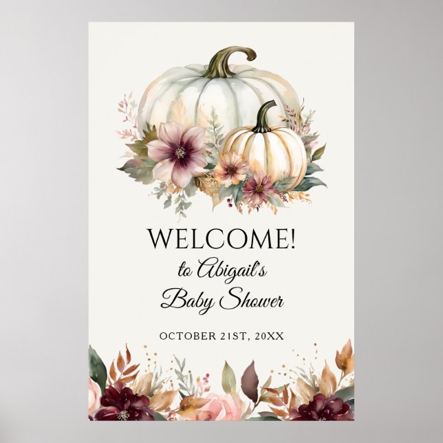 Fall White Pumpkin Burgundy Floral Welcome Sign (Front)