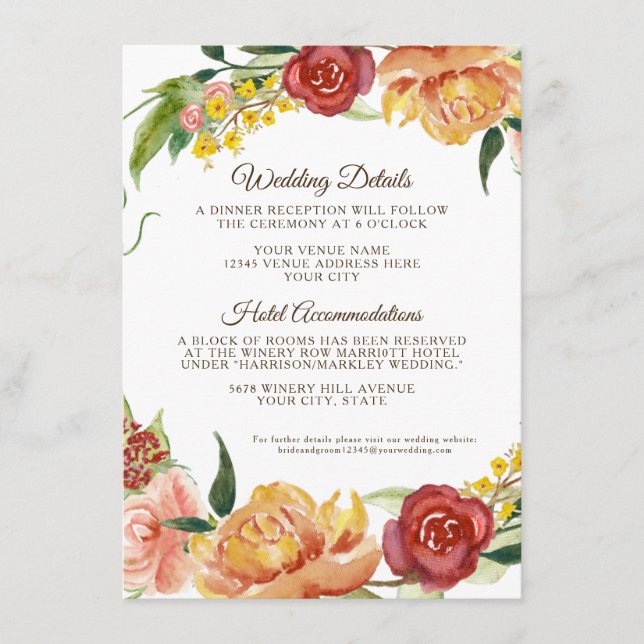 Fall White Pumpkin Floral Burgundy Wedding Details Enclosure Card (Front)