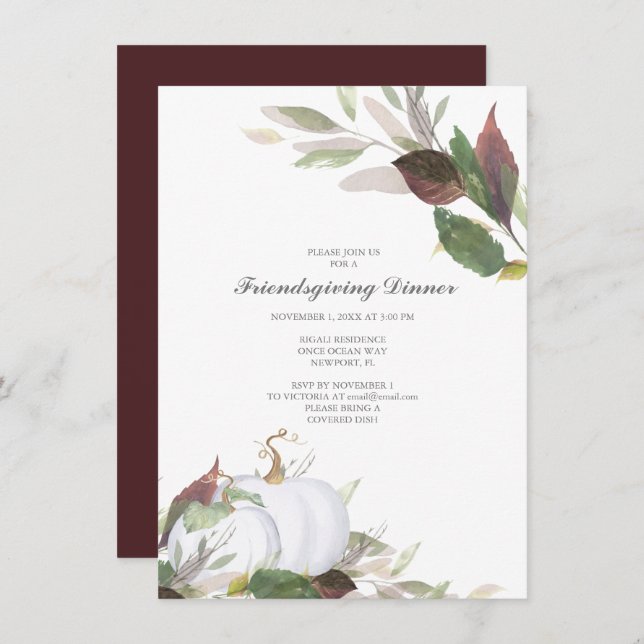 Fall WHITE PUMPKIN Friends Giving Dinner Invitation (Front/Back)