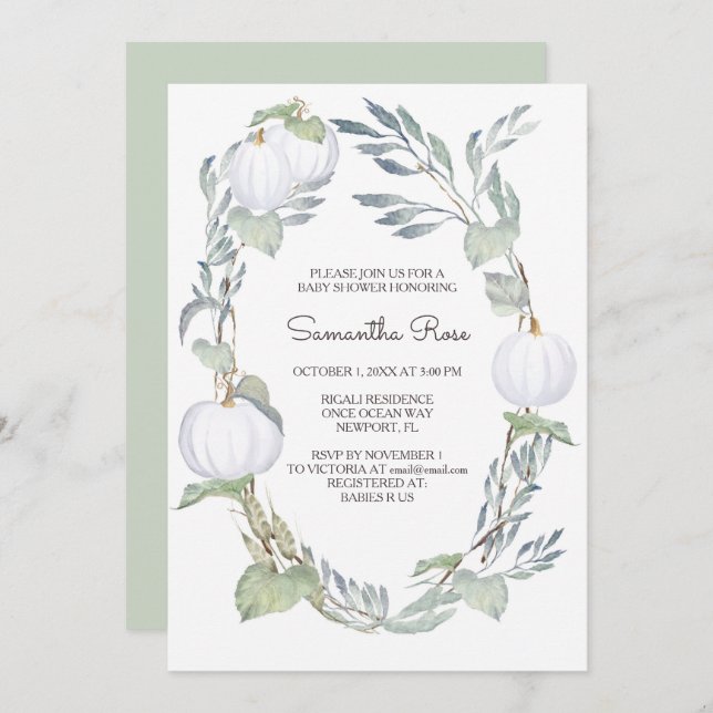 Fall WHITE PUMPKIN Greenery BABY Shower Invitation (Front/Back)