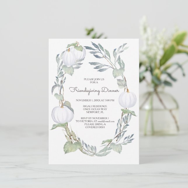 Fall WHITE PUMPKIN Greenery Friends Giving  Invitation (Standing Front)