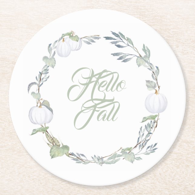 Fall White Pumpkin & Greenery Round Paper Coaster (Front)