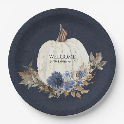 Fall White Pumpkin Navy Dusty Blue Brown Foliage Paper Plates