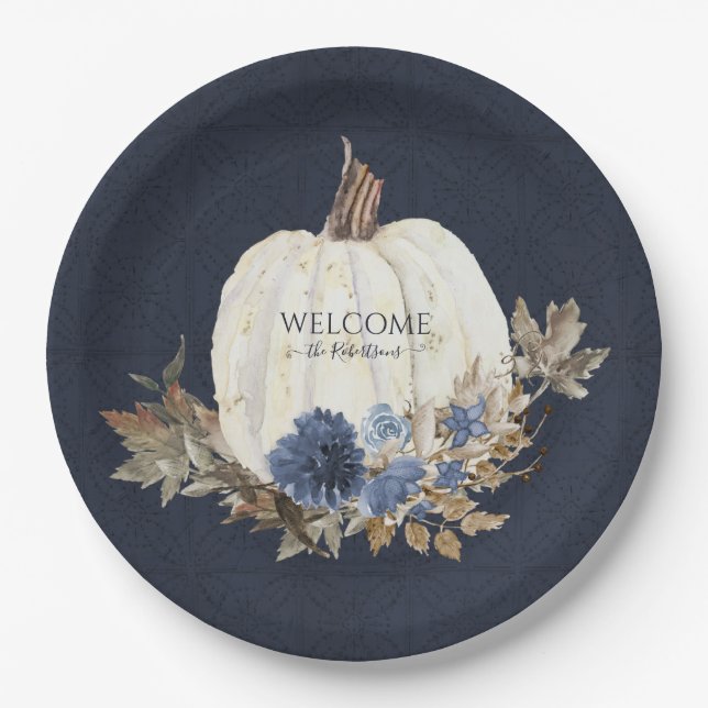 Fall White Pumpkin Navy Dusty Blue Brown Foliage Paper Plates (Front)