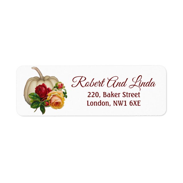 Fall White Pumpkin Rustic Art Roses Floral Label (Front)
