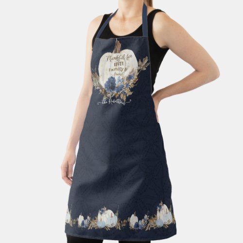 Fall White Pumpkin Rustic Leaves Navy Blue Floral Apron
