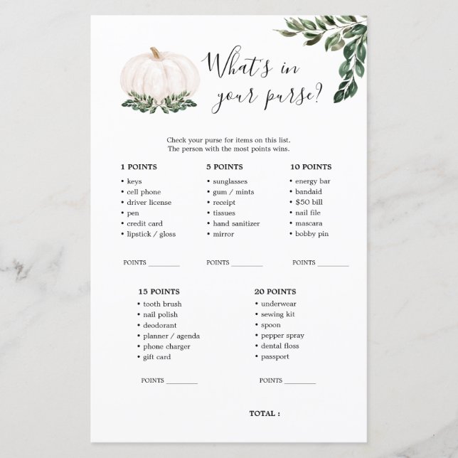 Fall White Pumpkin What's In Your Purse Game (Front)