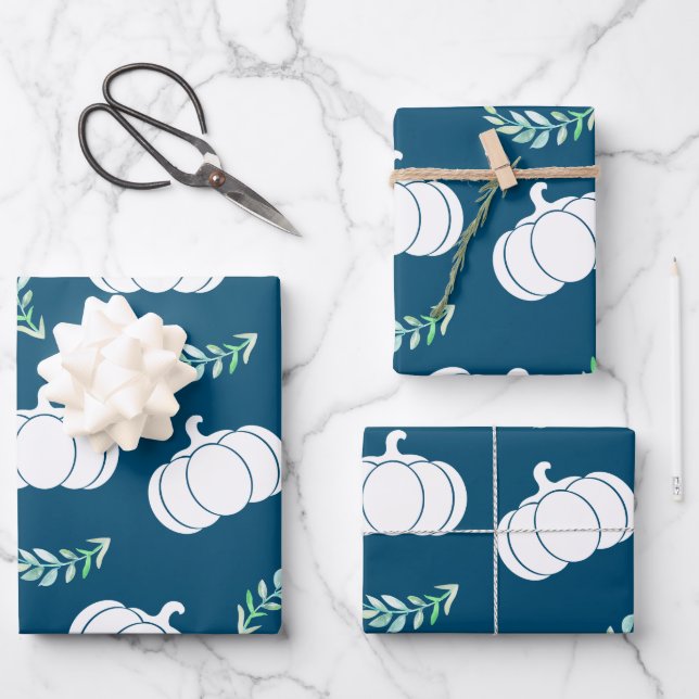 Fall White Pumpkins & Green Laurels Wrapping Paper Sheets (Front)