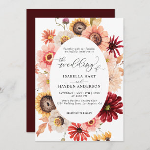 Fall Wild Floral Sunflowers & Burgundy Wedding Invitation