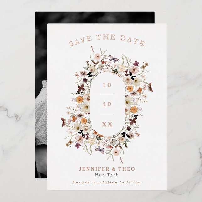 Fall Wild Flower Arch Frame Wedding Photo Save Foil Invitation (Front/Back)