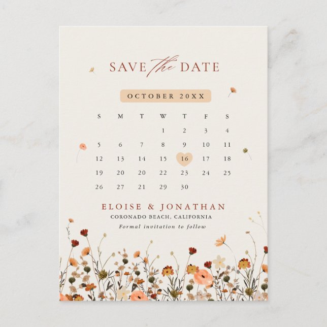 Fall Wildflower Botanical Calendar Save the Date   Postcard (Front)