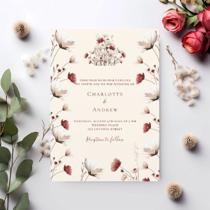 Fall wildflower burgundy cream boho wedding invitation