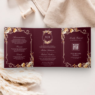 Fall Wildflower Crest Burgundy QR Code Wedding Tri-Fold Invitation