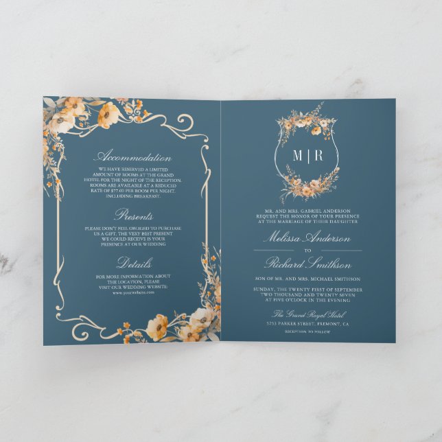 Fall Wildflower Crest Dusty Blue QR Code Wedding Invitation (Inside)