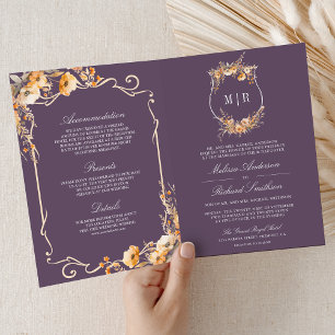 Fall Wildflower Crest Dusty Purple QR Code Wedding Invitation