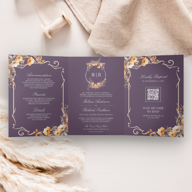 Fall Wildflower Crest Dusty Purple QR Code Wedding Tri-Fold Invitation (Creator Uploaded)