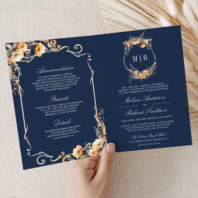 Fall Wildflower Crest Navy Blue QR Code Wedding Invitation (Creator Uploaded)
