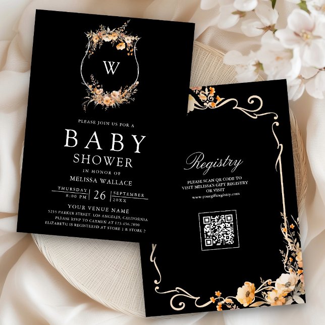 Fall Wildflower Crest QR Code Black Baby Shower Invitation (Creator Uploaded)