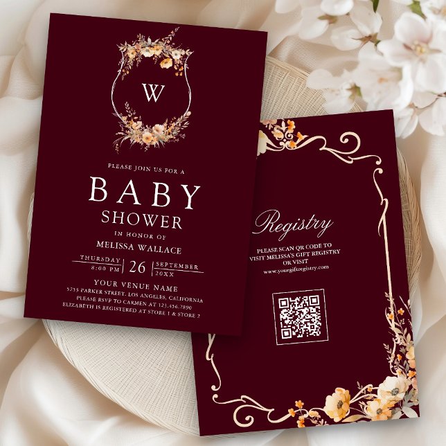 Fall Wildflower Crest QR Code Burgundy Baby Shower Invitation (Creator Uploaded)
