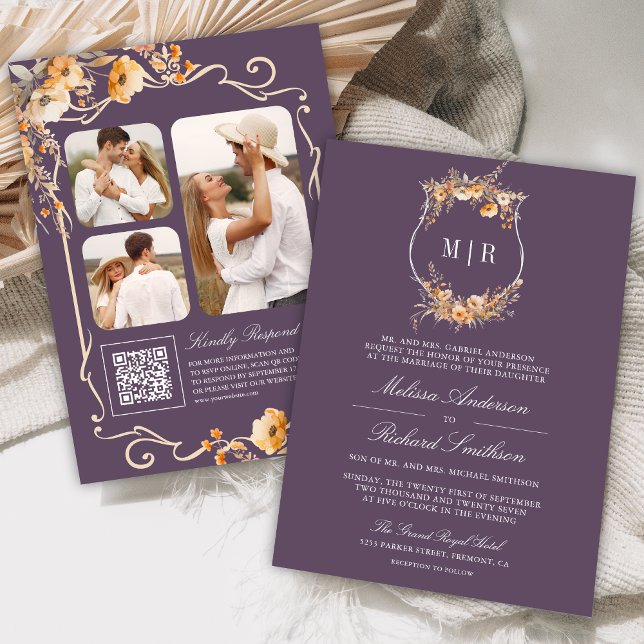 Fall Wildflower Crest QR Code Dusty Purple Wedding Invitation (Creator Uploaded)
