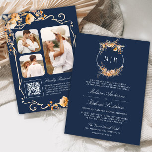 Fall Wildflower Crest QR Code Navy Blue Wedding Invitation