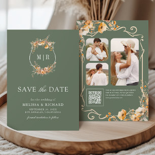 Fall Wildflower Crest QR Code Sage Green Wedding Save The Date