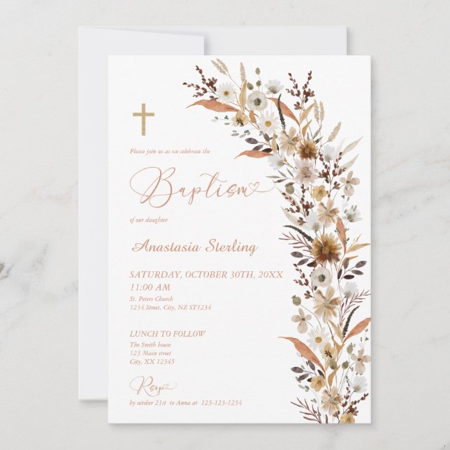 Fall Wildflower Cross Baptism Invitation (Front)