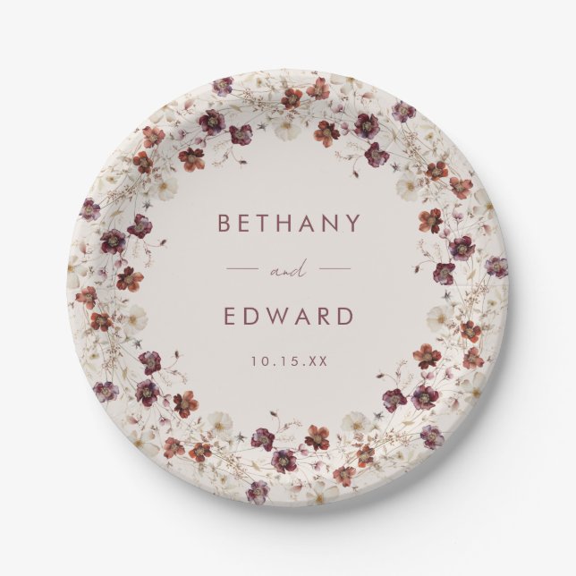 Fall Wildflower Field Beige Wedding Paper Plates (Front)