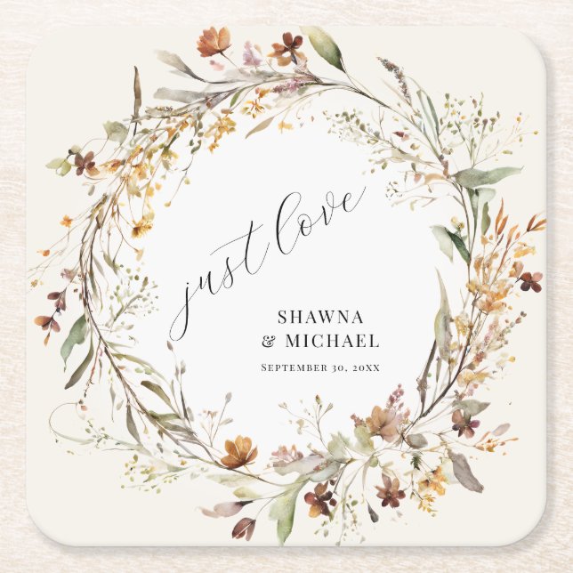 Fall Wildflower Floral Autumn Wreath BOHO Wedding Square Paper Coaster (Front)